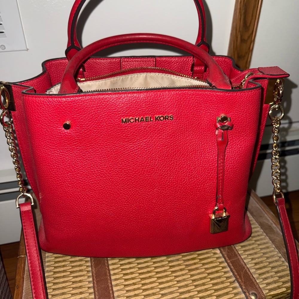 Michael Kors Red Satchel with Gold-Tone Accents